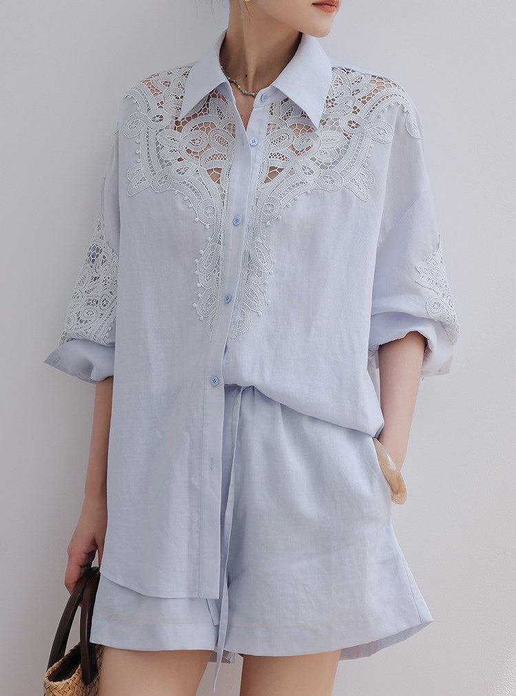 Hollow-Out Viscose Top and Shorts Set