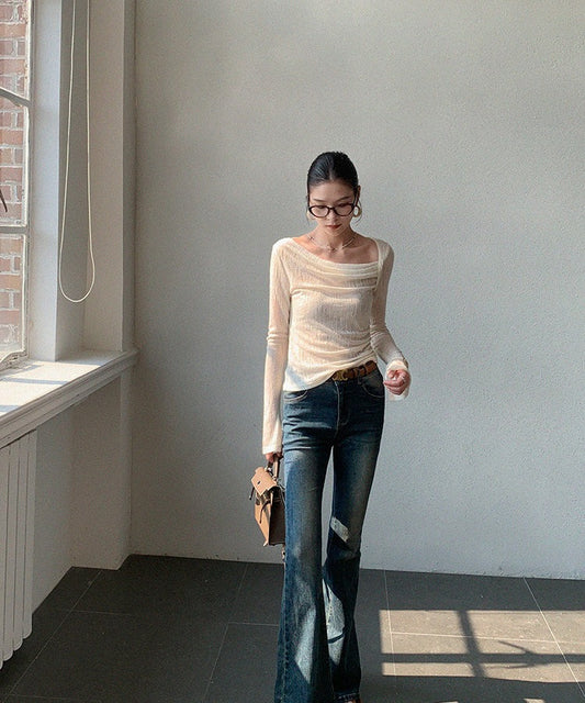 Viscose Long Sleeve T-Shirt with French Collar