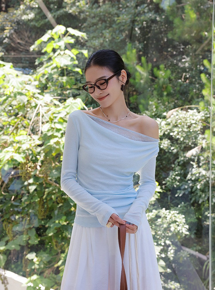 Lace Asymmetrical Top - Elegant Blue Blouse