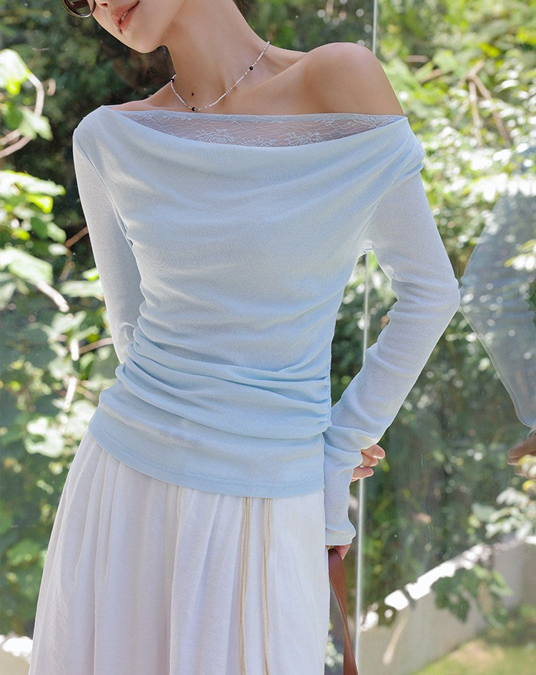 Lace Asymmetrical Top - Elegant Blue Blouse