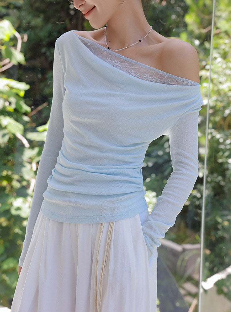 Lace Asymmetrical Top - Elegant Blue Blouse