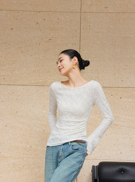 Jacquard Knit Top - Off-the-Shoulder Long Sleeve