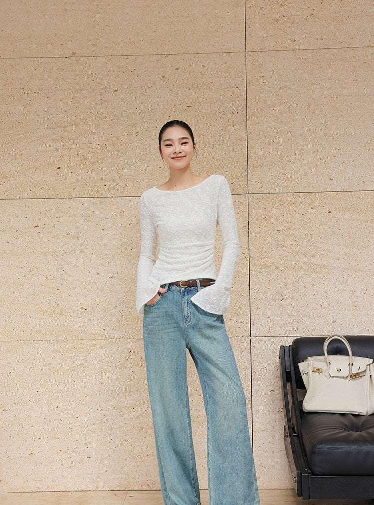 Jacquard Knit Top - Off-the-Shoulder Long Sleeve