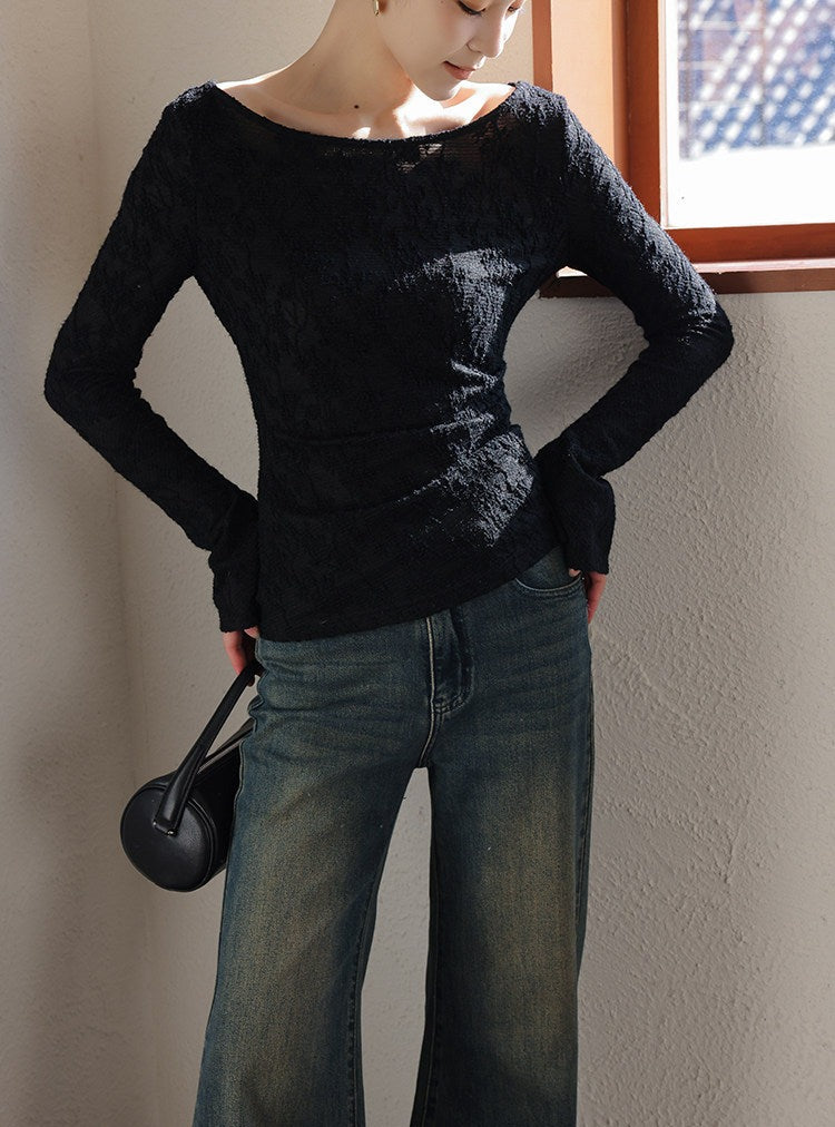 Jacquard Knit Top - Off-the-Shoulder Long Sleeve