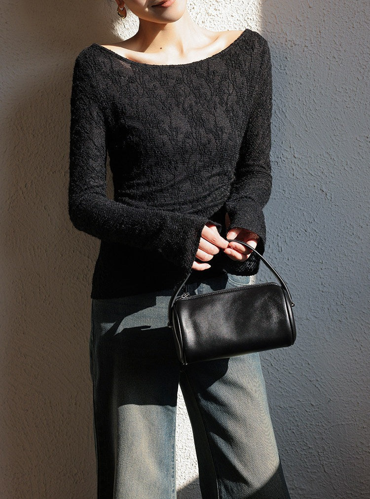 Jacquard Knit Top - Off-the-Shoulder Long Sleeve