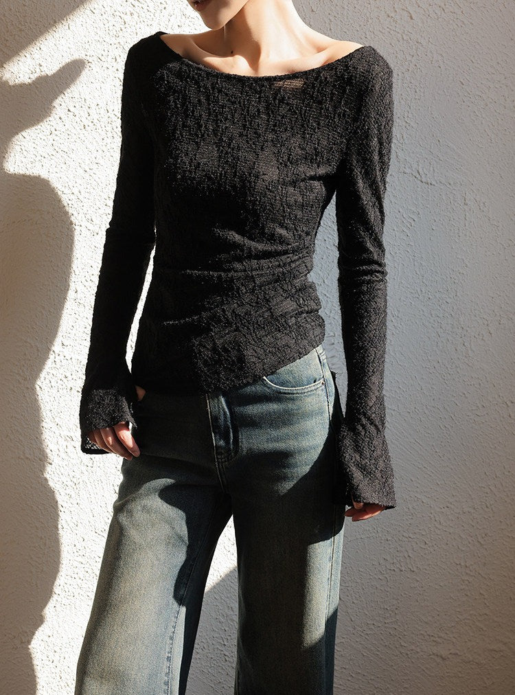 Jacquard Knit Top - Off-the-Shoulder Long Sleeve