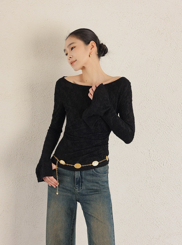 Jacquard Knit Top - Off-the-Shoulder Long Sleeve
