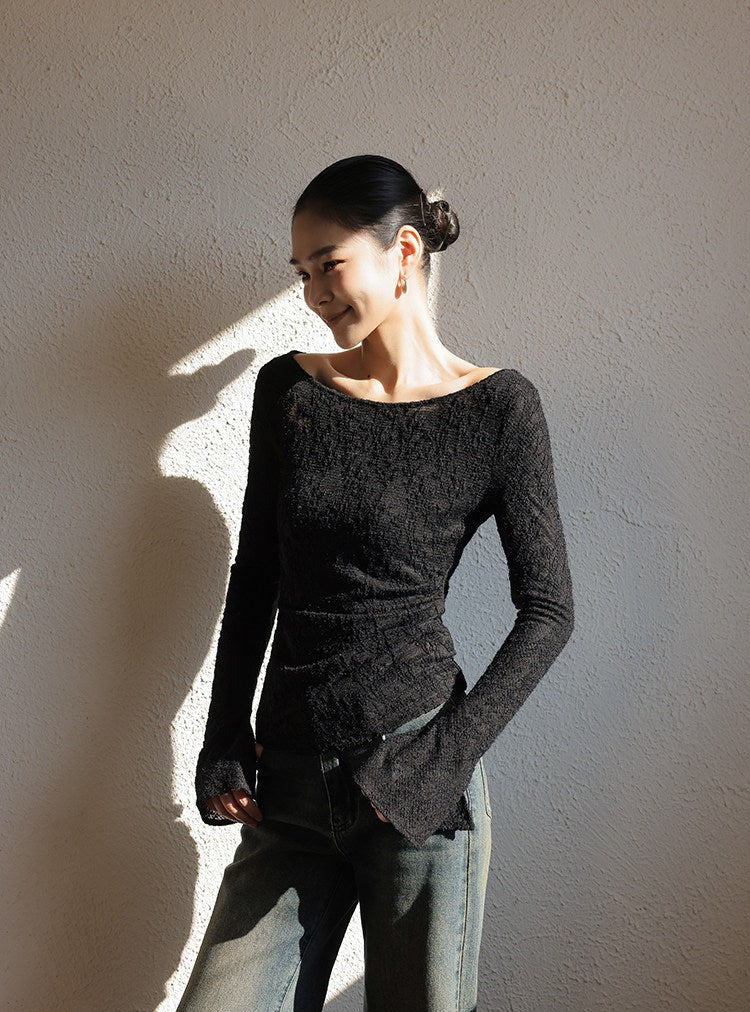 Jacquard Knit Top - Off-the-Shoulder Long Sleeve