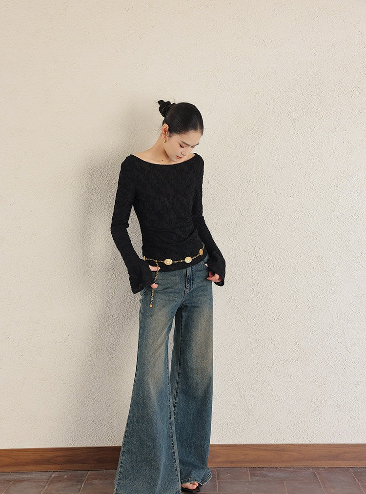 Jacquard Knit Top - Off-the-Shoulder Long Sleeve