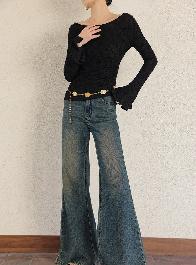 Jacquard Knit Top - Off-the-Shoulder Long Sleeve