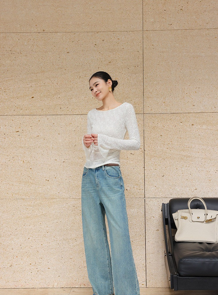 Jacquard Knit Top - Off-the-Shoulder Long Sleeve