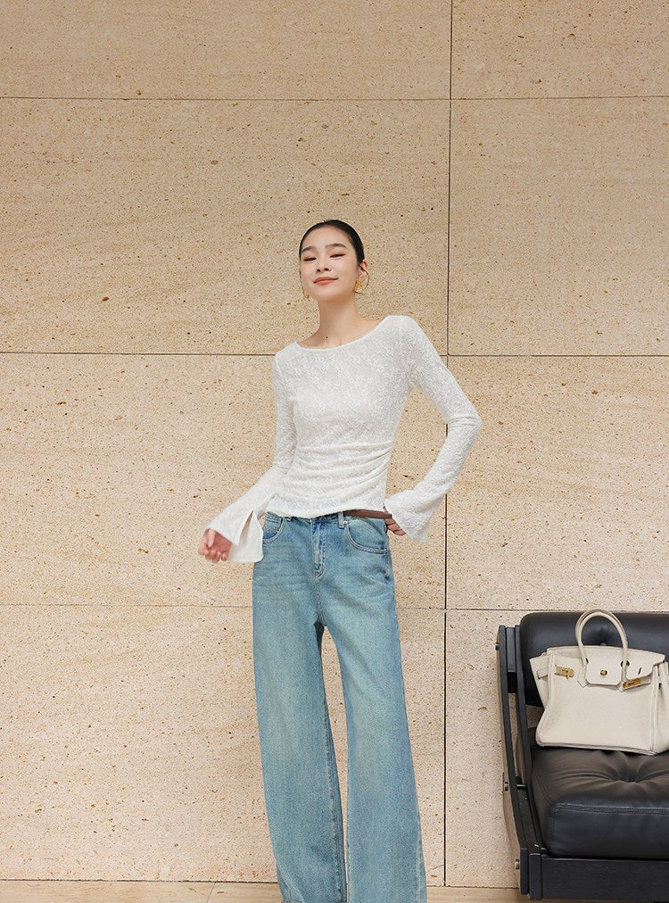 Jacquard Knit Top - Off-the-Shoulder Long Sleeve