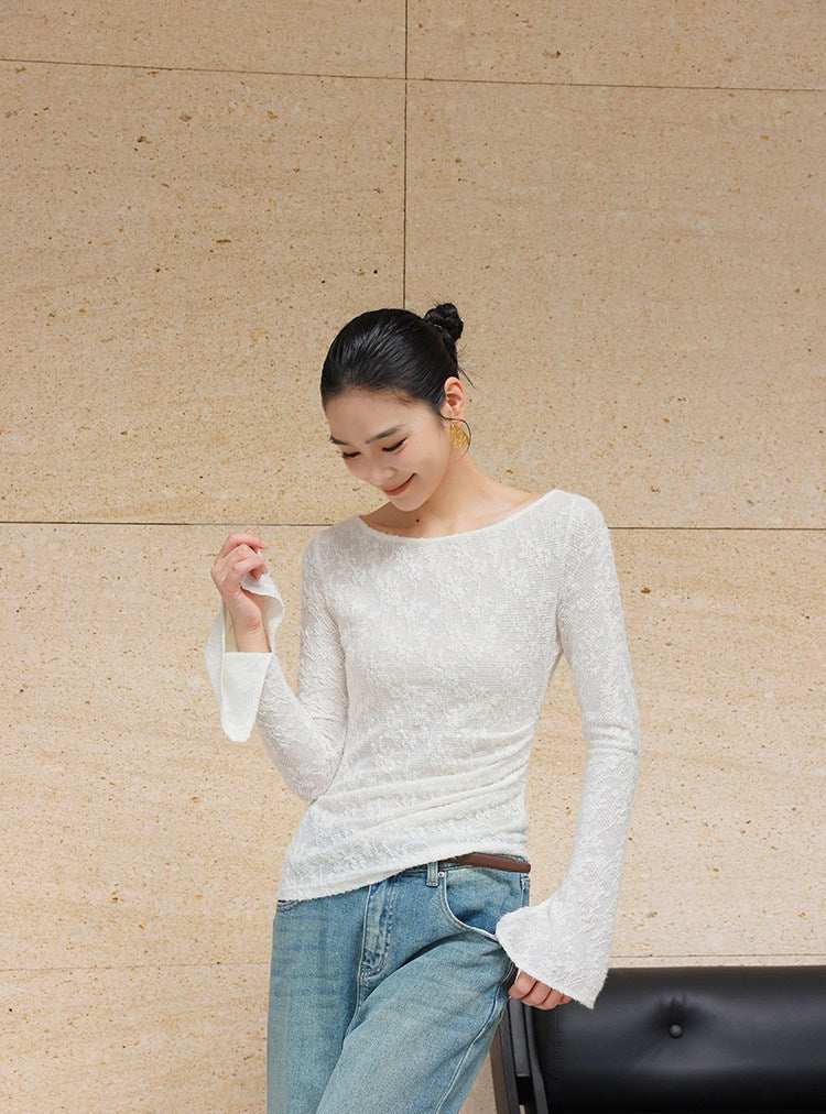 Jacquard Knit Top - Off-the-Shoulder Long Sleeve