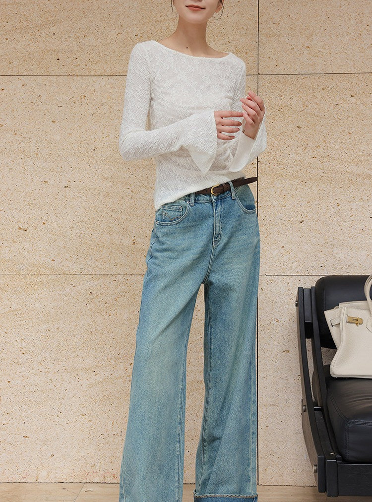 Jacquard Knit Top - Off-the-Shoulder Long Sleeve