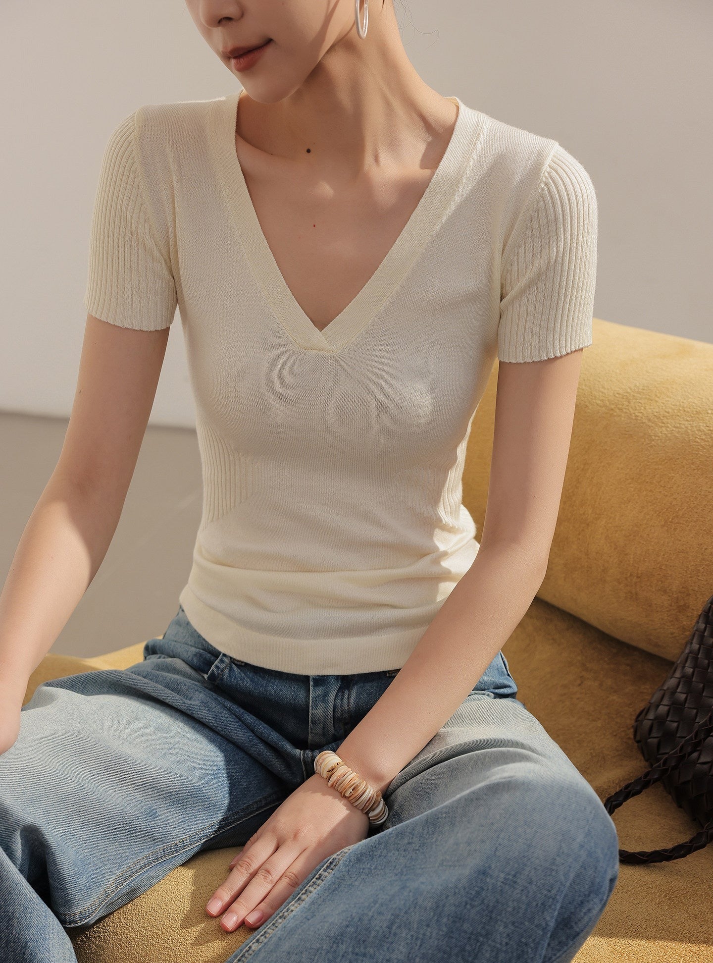 Knit Top - Textured V-Neck Design