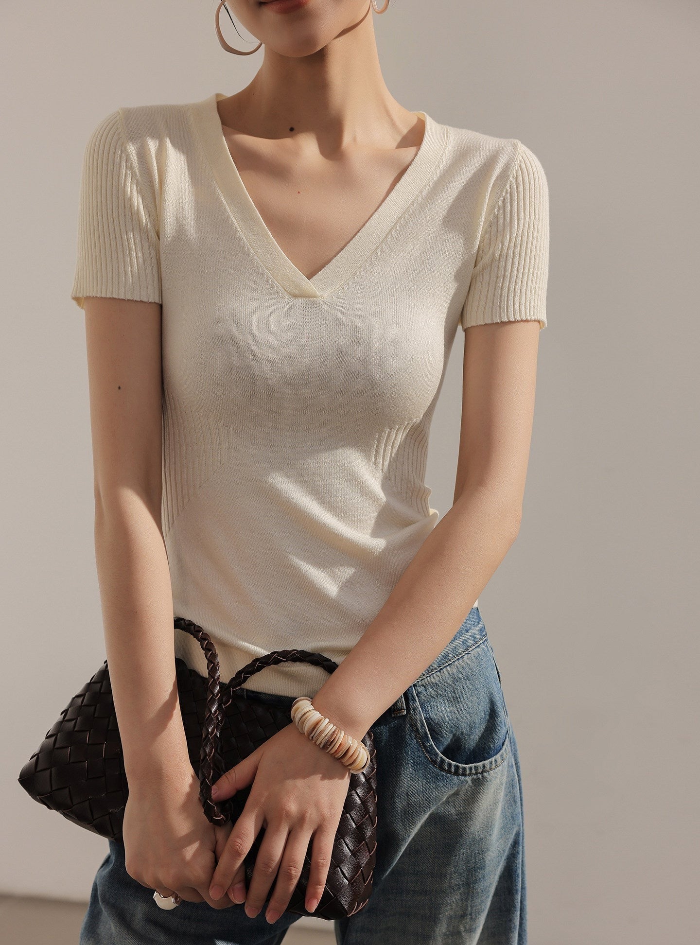 Knit Top - Textured V-Neck Design