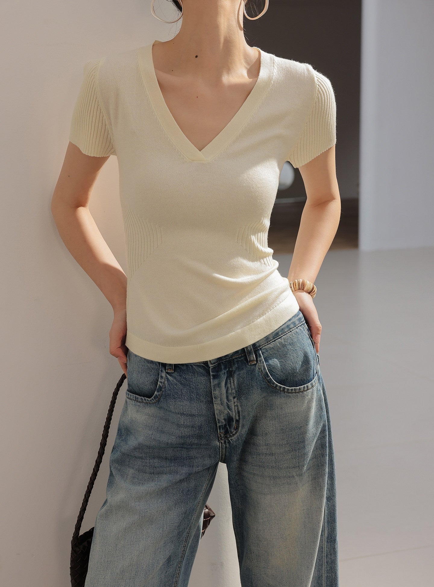 Knit Top - Textured V-Neck Design