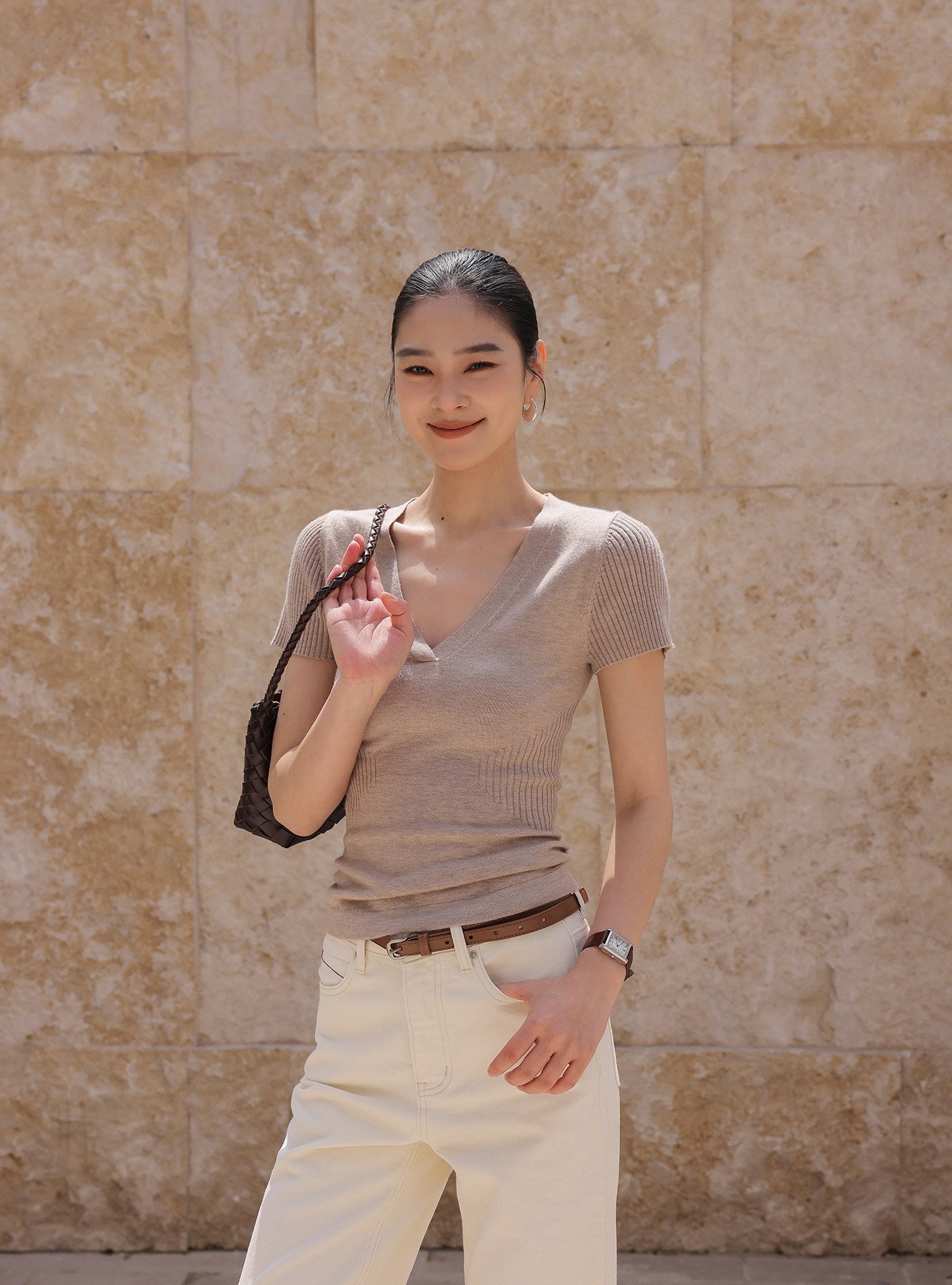 Knit Top - Textured V-Neck Design