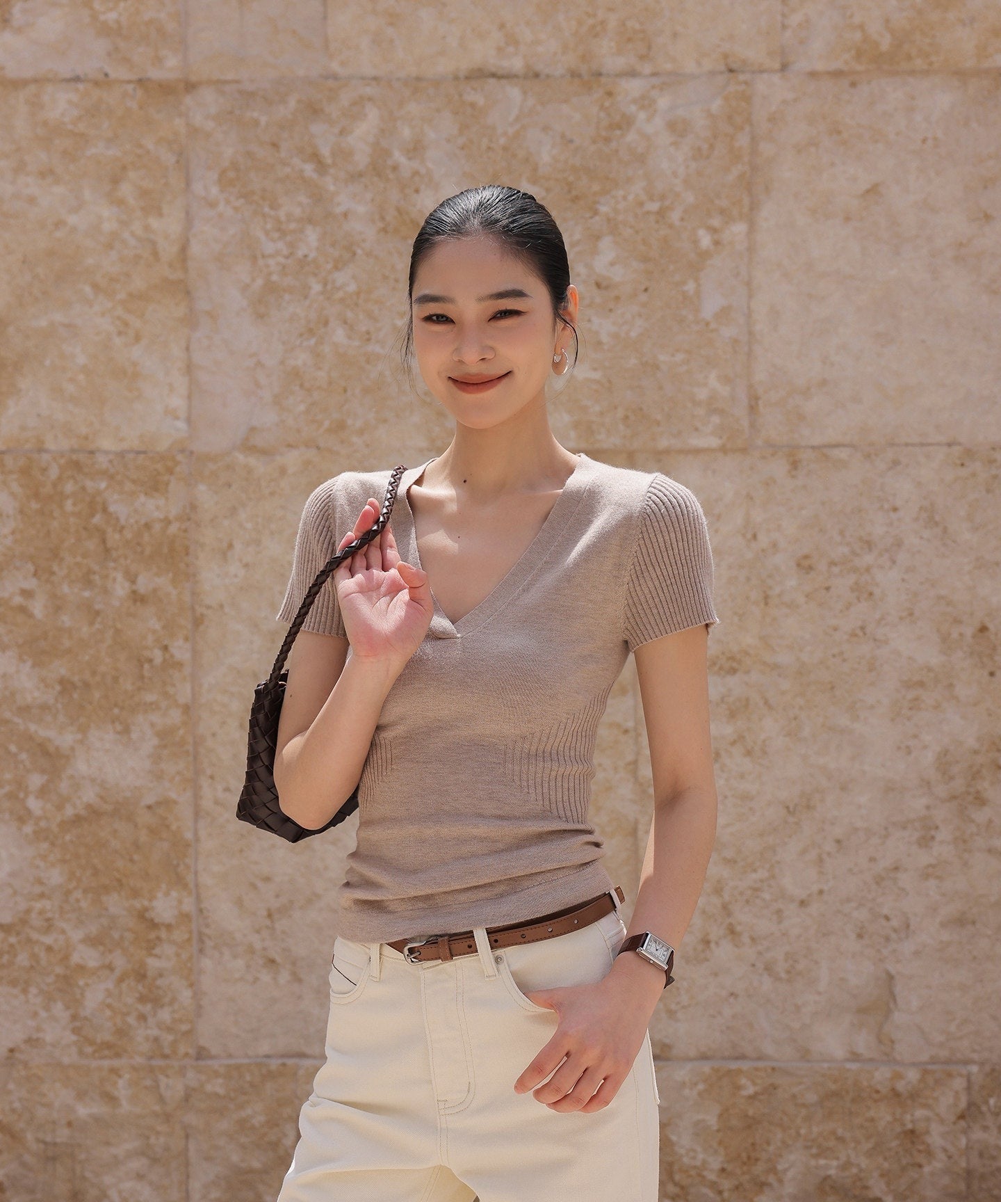 Knit Top - Textured V-Neck Design