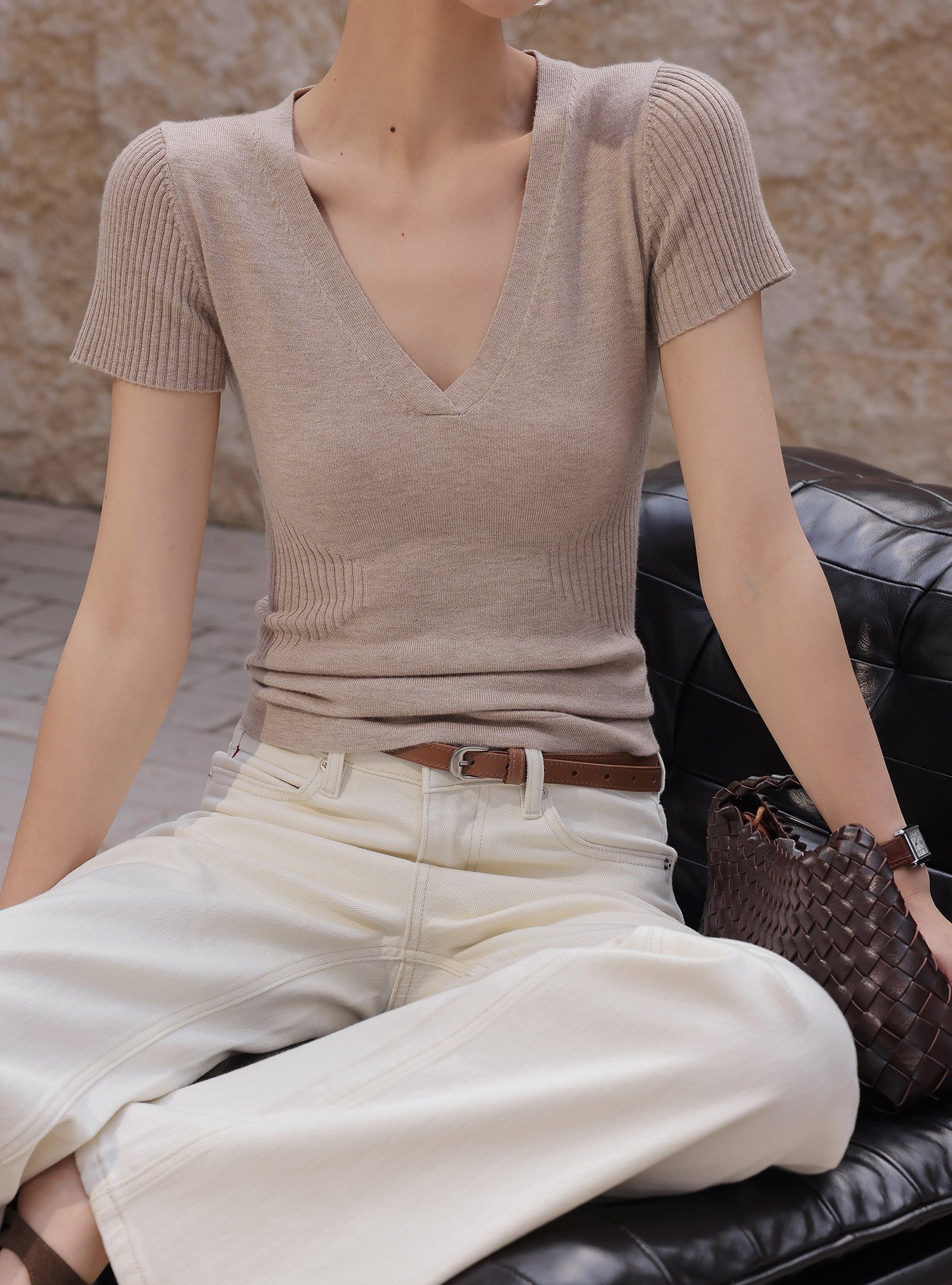 Knit Top - Textured V-Neck Design