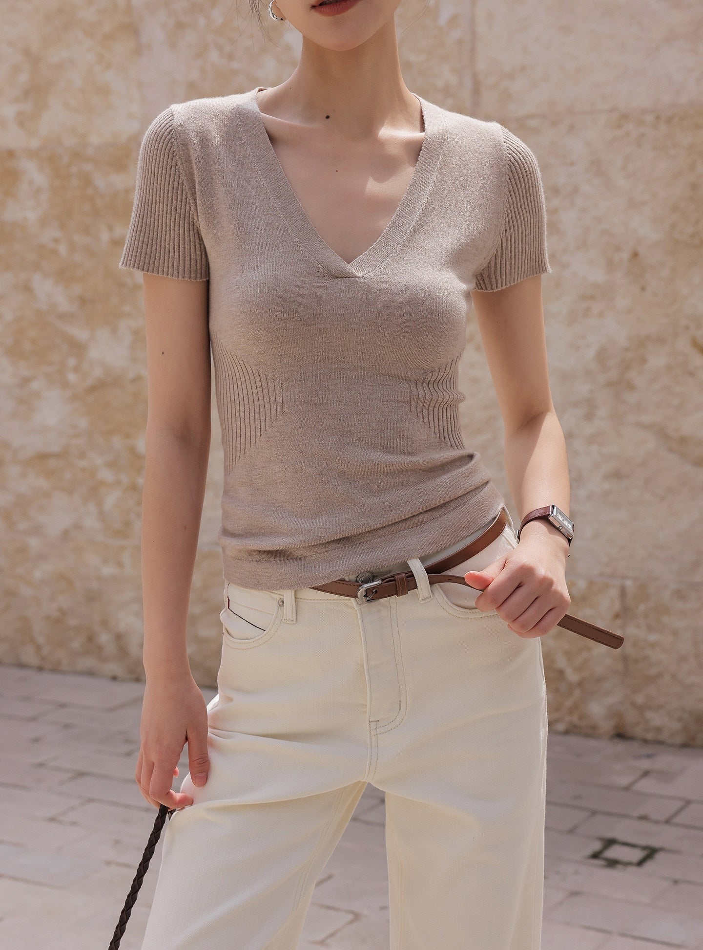 Knit Top - Textured V-Neck Design