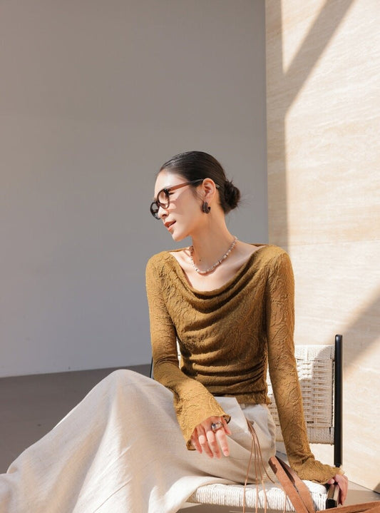 Textured Viscose Long Sleeve T-Shirt with Draped Neckline