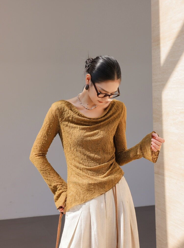 Textured Viscose Long Sleeve T-Shirt with Draped Neckline