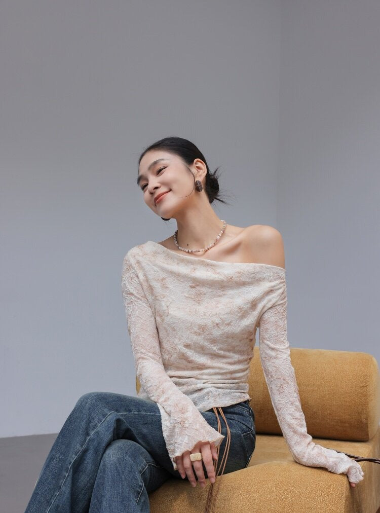 Textured Viscose Long Sleeve T-Shirt with Draped Neckline