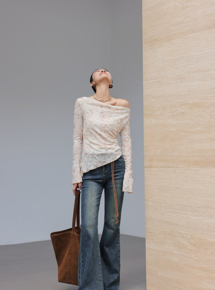 Textured Viscose Long Sleeve T-Shirt with Draped Neckline