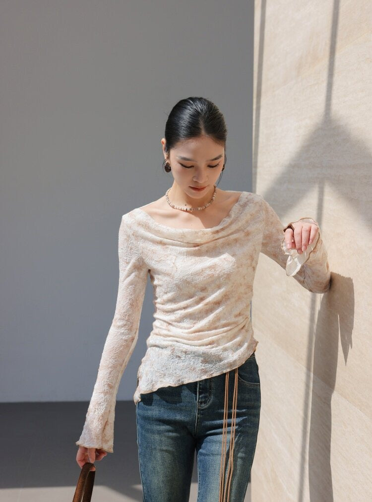 Textured Viscose Long Sleeve T-Shirt with Draped Neckline