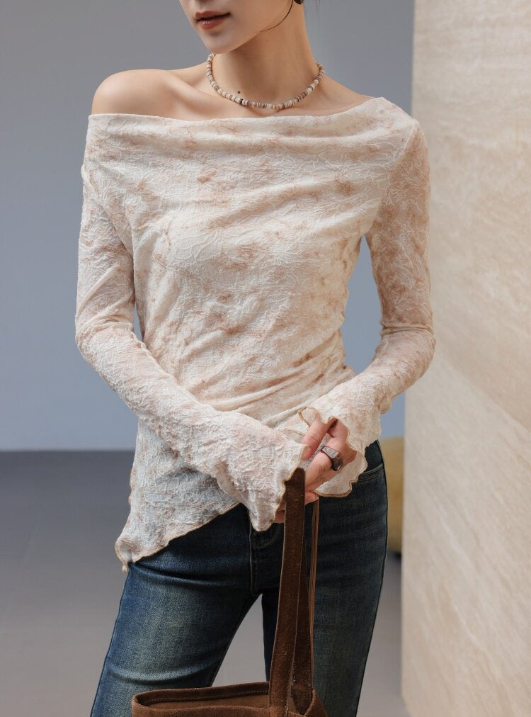 Textured Viscose Long Sleeve T-Shirt with Draped Neckline