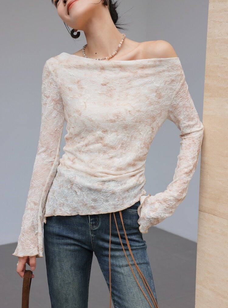 Textured Viscose Long Sleeve T-Shirt with Draped Neckline