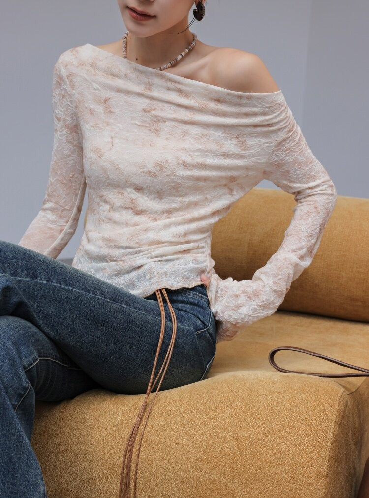 Textured Viscose Long Sleeve T-Shirt with Draped Neckline