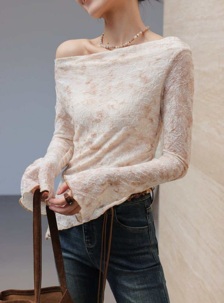 Textured Viscose Long Sleeve T-Shirt with Draped Neckline