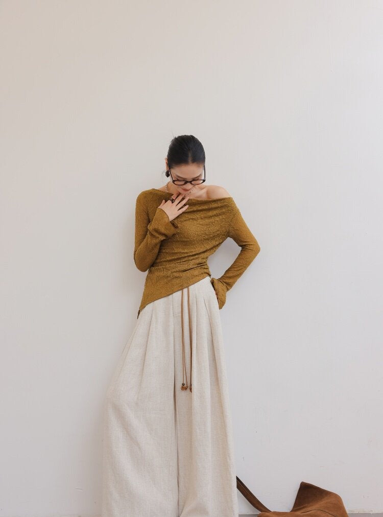 Textured Viscose Long Sleeve T-Shirt with Draped Neckline