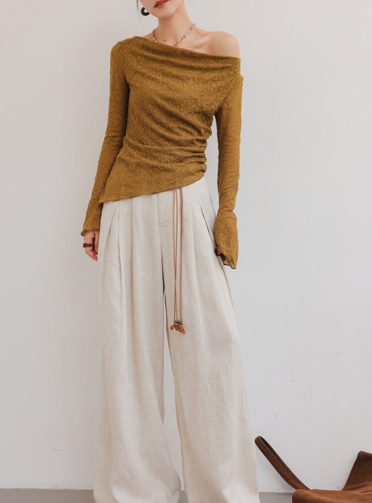 Textured Viscose Long Sleeve T-Shirt with Draped Neckline
