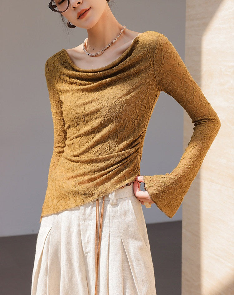 Textured Viscose Long Sleeve T-Shirt with Draped Neckline