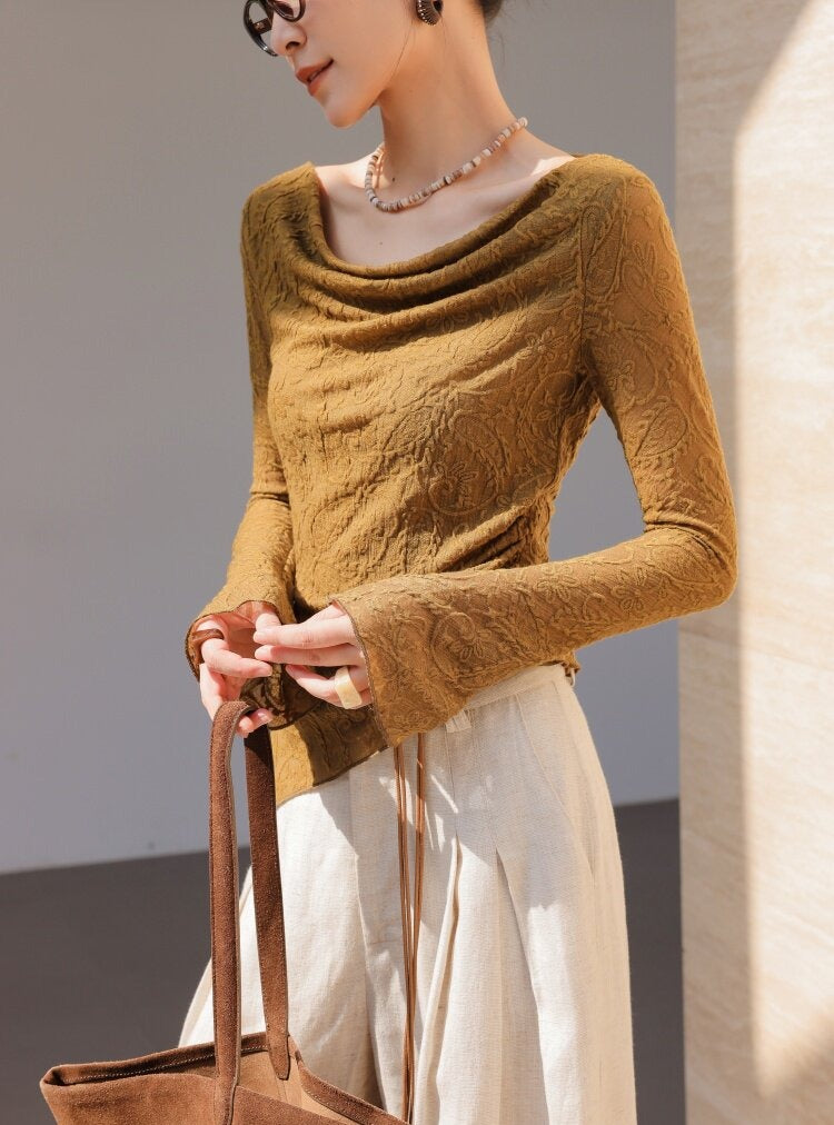 Textured Viscose Long Sleeve T-Shirt with Draped Neckline