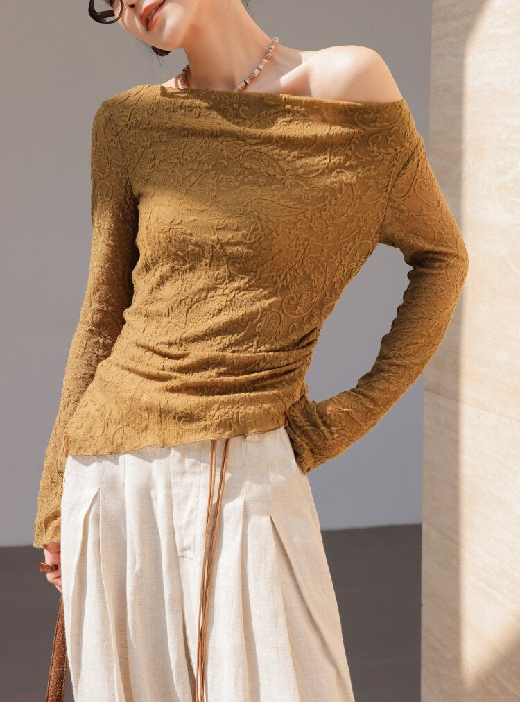 Textured Viscose Long Sleeve T-Shirt with Draped Neckline