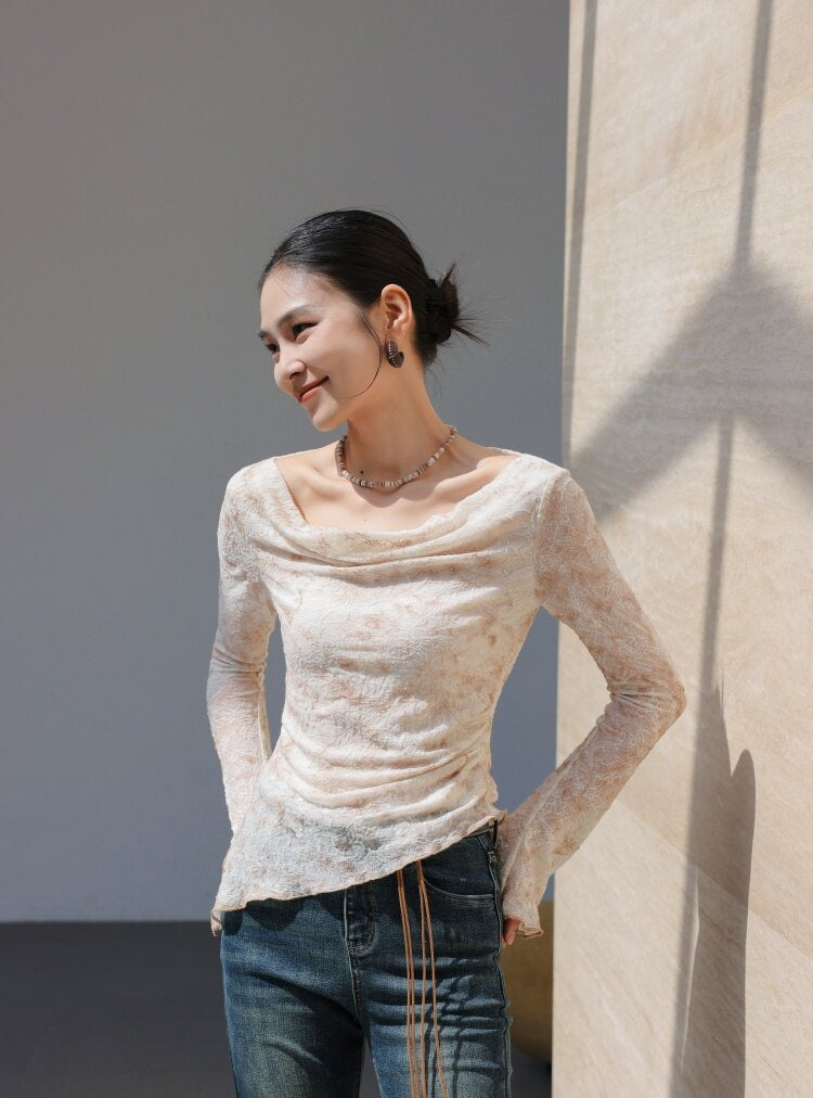 Textured Viscose Long Sleeve T-Shirt with Draped Neckline
