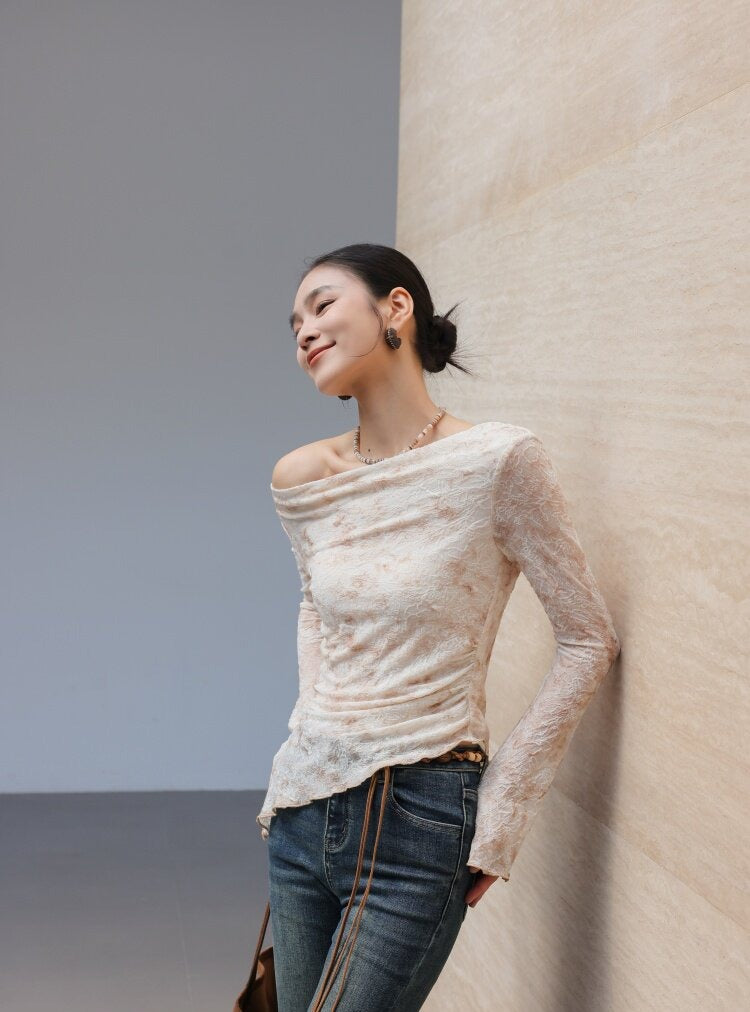 Textured Viscose Long Sleeve T-Shirt with Draped Neckline
