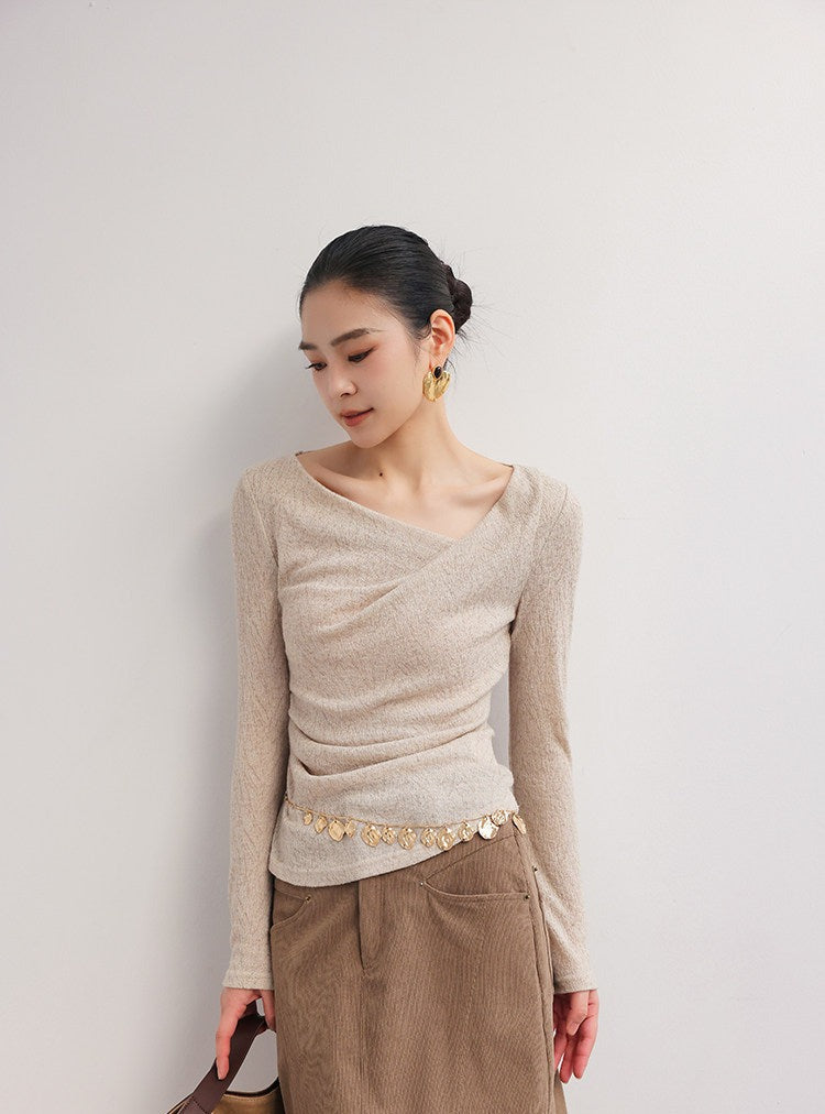 Knitted Top with Pleats - Oatmeal Long Sleeve