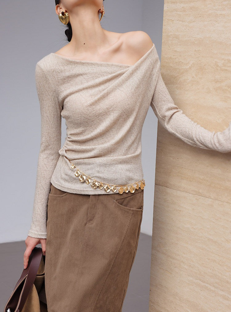 Knitted Top with Pleats - Oatmeal Long Sleeve