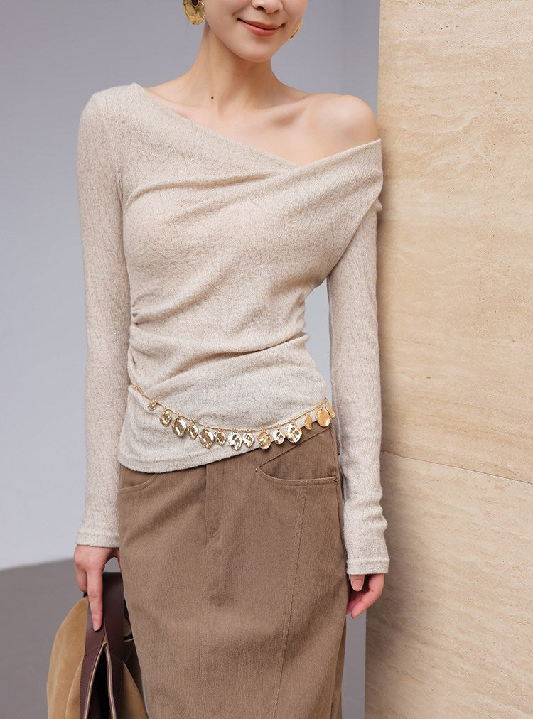Knitted Top with Pleats - Oatmeal Long Sleeve