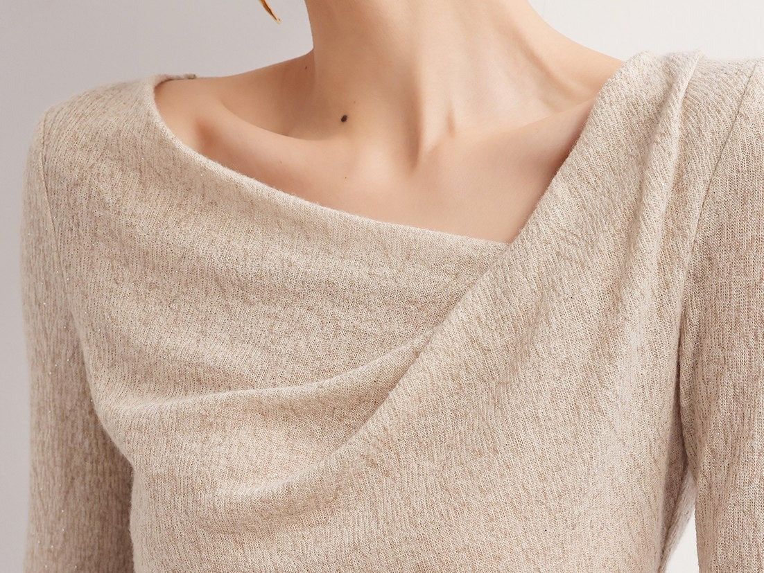 Knitted Top with Pleats - Oatmeal Long Sleeve