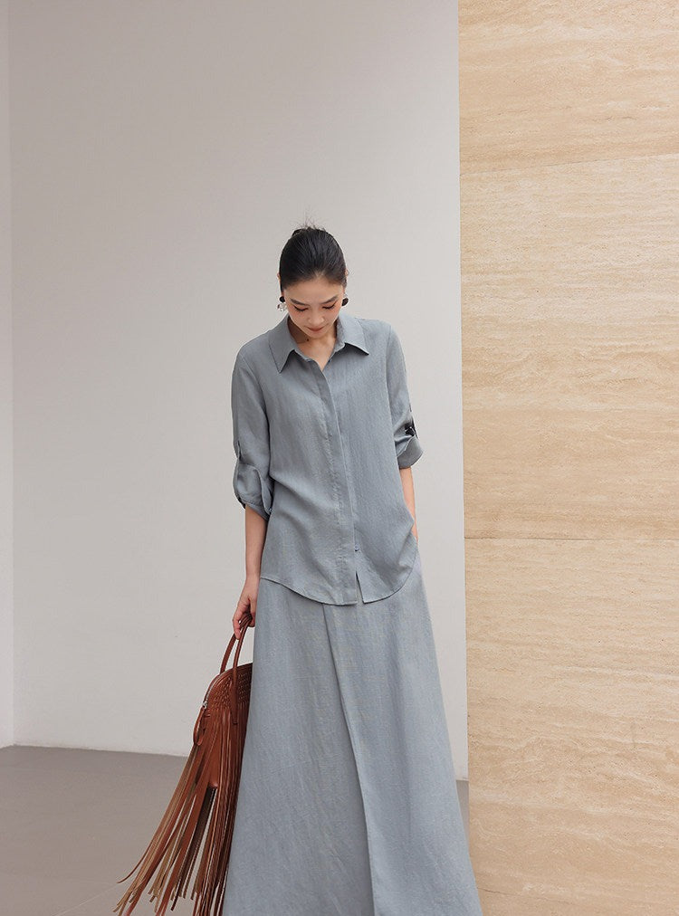 Viscose Two-Piece Set - Relaxed Shirt and Skirt