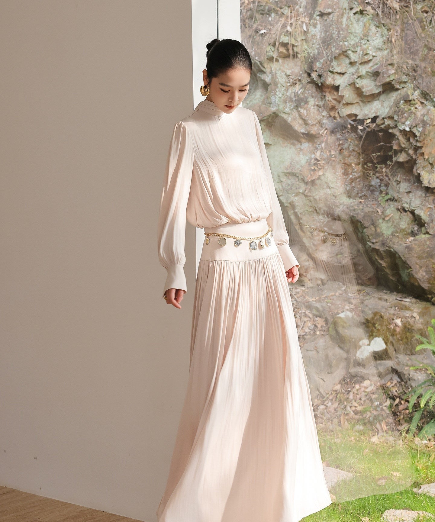 Satin Dress with Pleated Waist - Long Sleeve Champagne