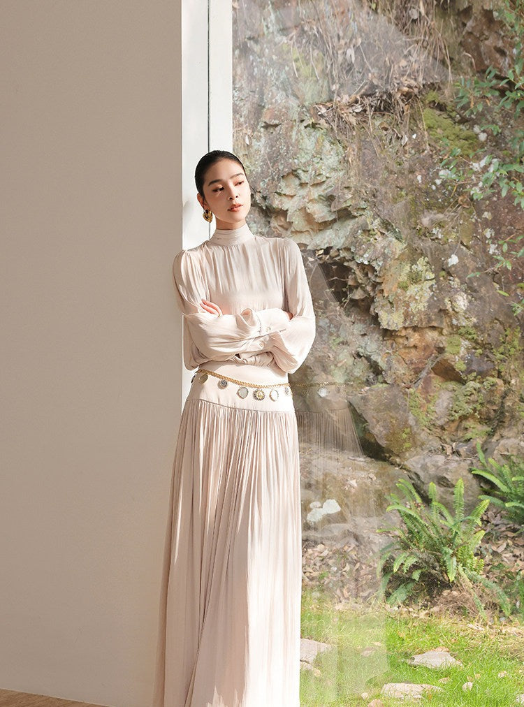 Satin Dress with Pleated Waist - Long Sleeve Champagne