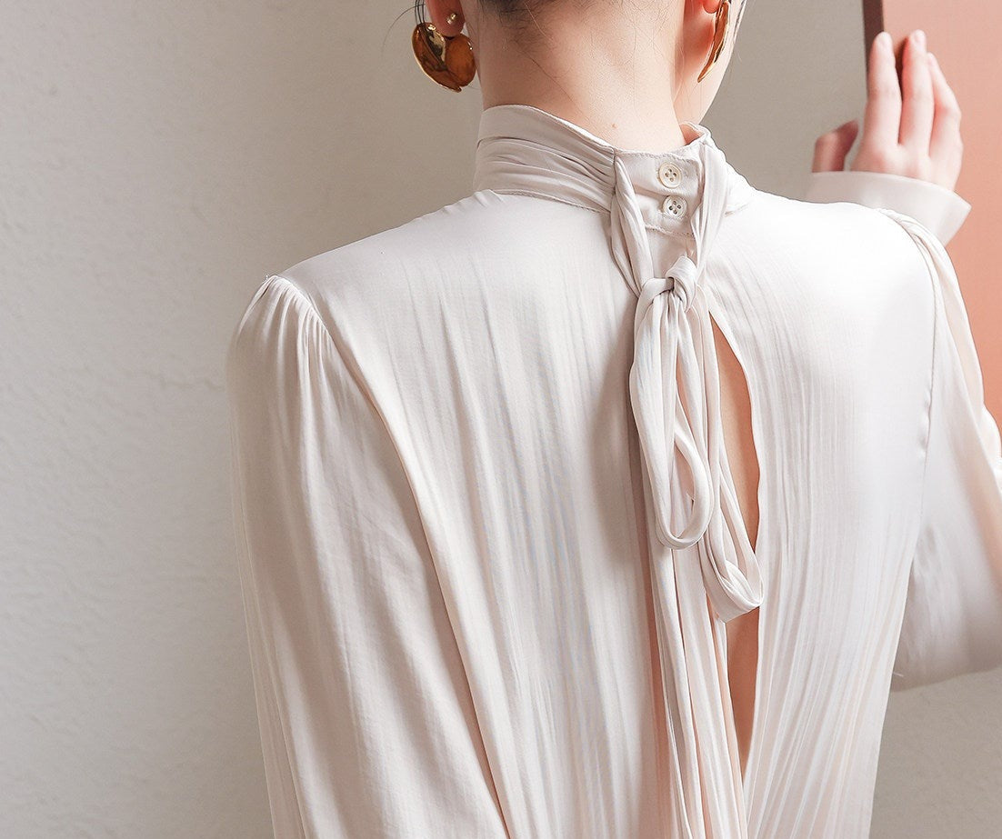 Satin Dress with Pleated Waist - Long Sleeve Champagne