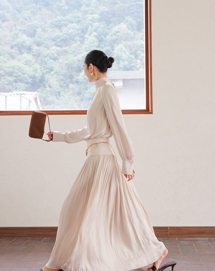 Satin Dress with Pleated Waist - Long Sleeve Champagne